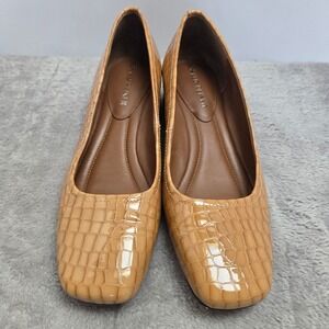 Donald Pliner Tan Croc Embossed Patent Leather Square Toe Block Heel Pumps 8M